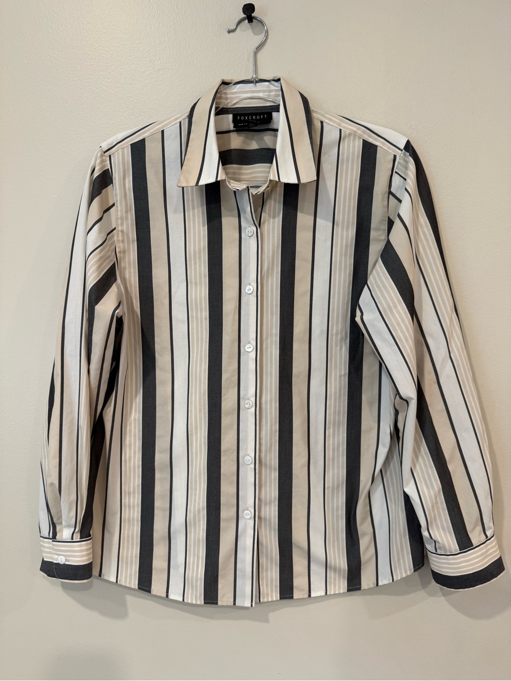 Foxcroft Women's Striped Button Up Shirt Blouse Long Sleeve Cream Beige Multi